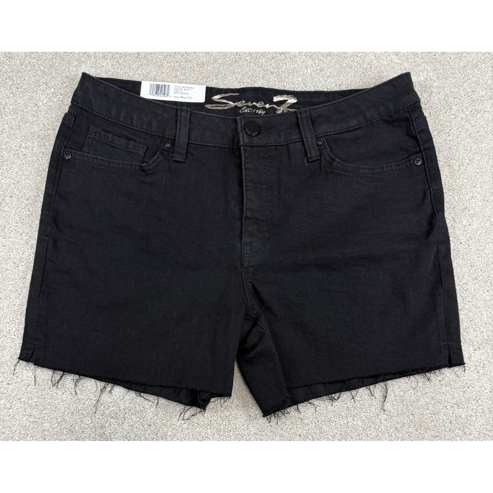 Seven 7 Weekend Shorts Women's 12 Mid Rise Denim Frayed Hem Black 5" Inseam NEW